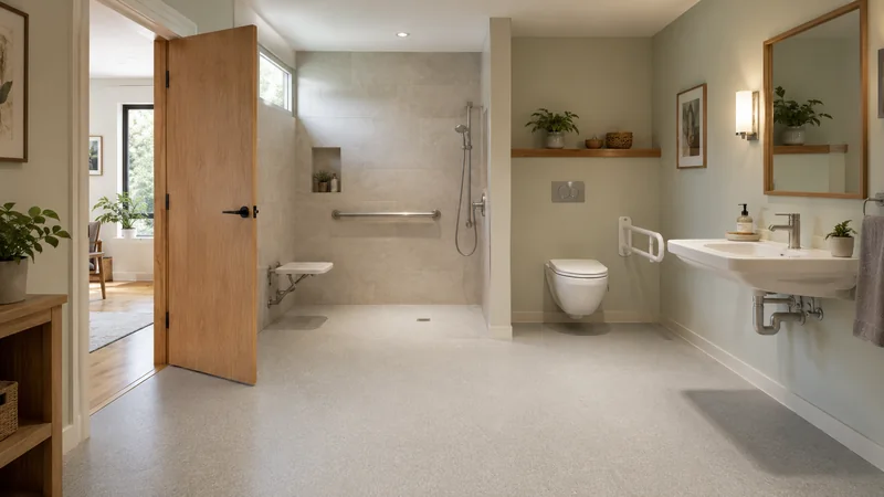 Barrierefreies Bad: Dusche ohne Schwelle mit Haltegriff in wohnlichem Raum