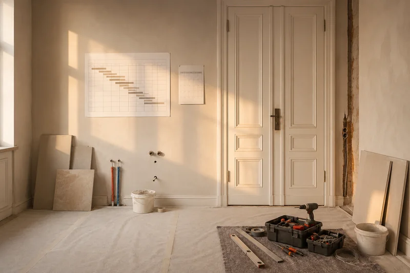 Bauzeitenplan an der Wand einer aufgeräumten Badbaustelle