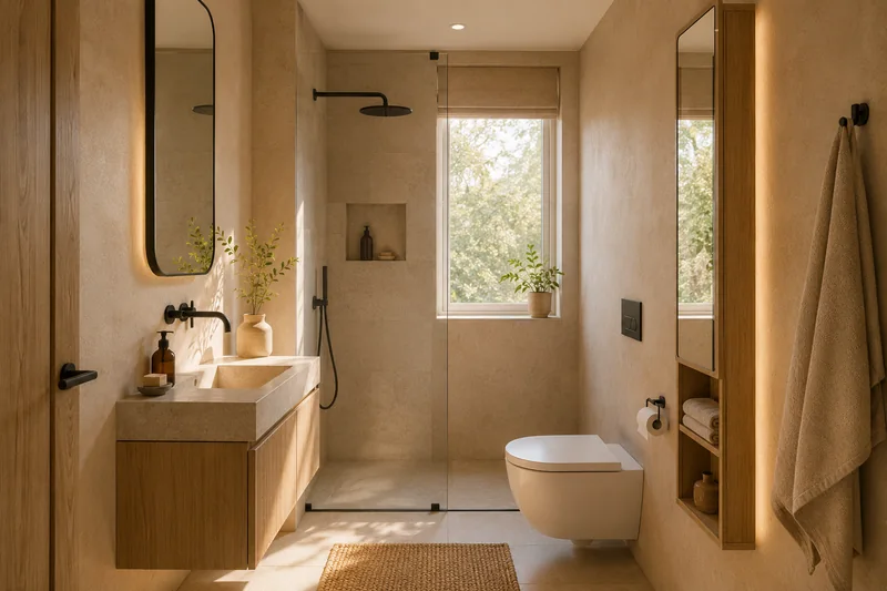 Kleines Bad auf vier Quadratmetern mit schmalem Waschtisch, Spiegelschrank und Dusche