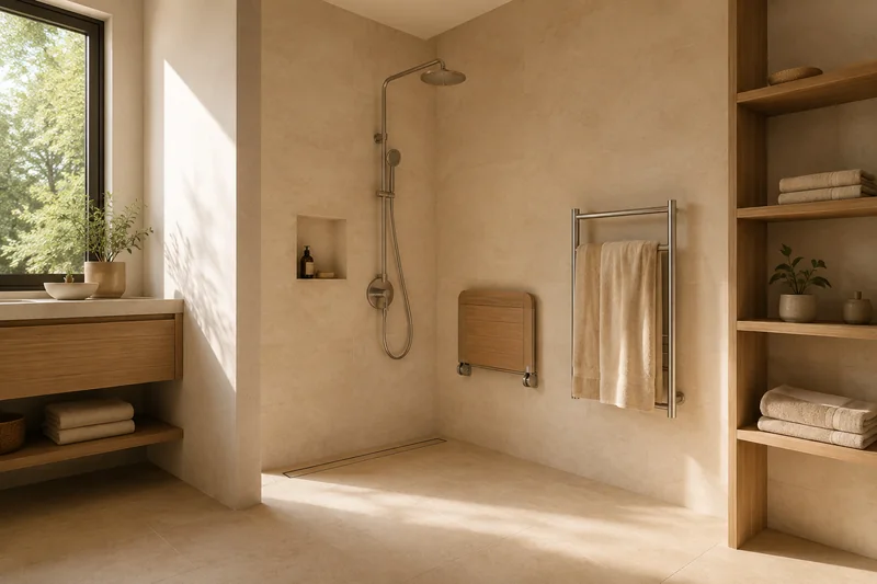 Förderung für den Badumbau: Dusche ohne Schwelle mit Klappsitz und Haltegriff