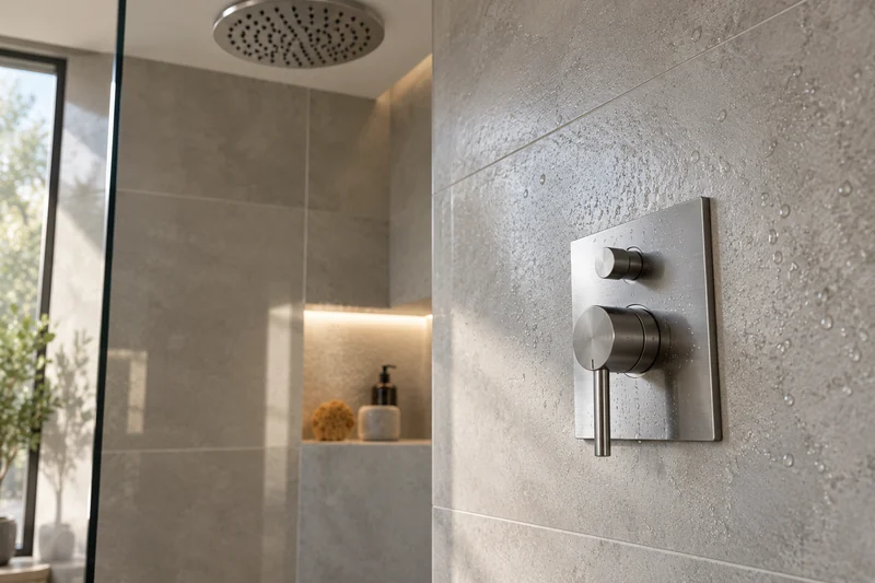 Unterputz-Armatur in der Dusche, sichtbar ist nur die flache Rosette auf großen Fliesen